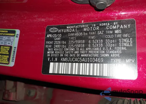 2010 Hyundai Tucson Limited from USA, damaged, VIN KM8JUCAC5AU103469